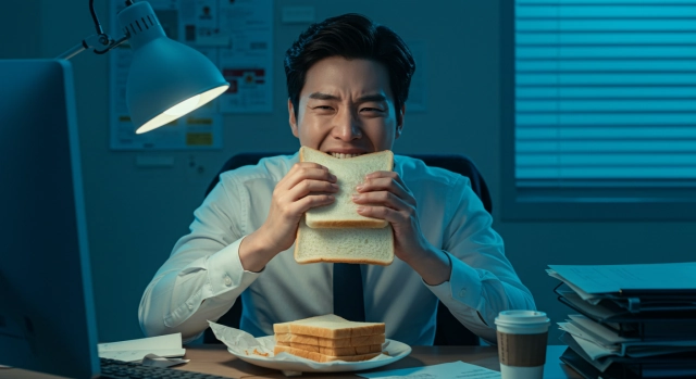 통밀빵을 과식하는 직장인의 모습