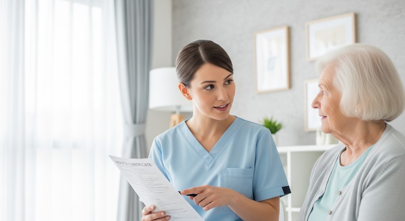 간호사가 고령 여성에게 건강증명서를 설명하는 장면
