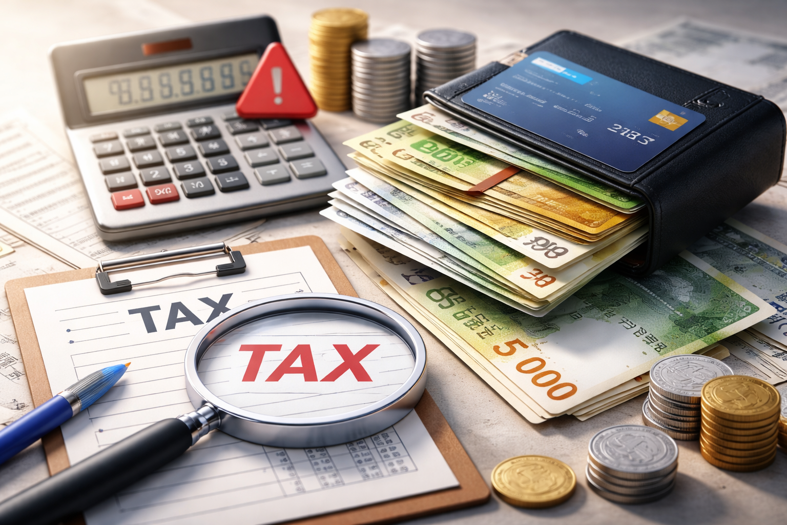 서류와 신용카드를 정리하며 사업 지출을 관리하는 개인사업자의 모습. 책상 위에 노트북, 계산기, 전표가 놓여있는 장면.