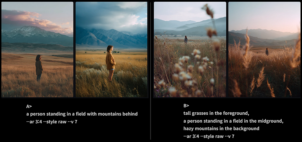 근경 요소 유무에 따른 평면적 장면과 깊이감 있는 장면 비교 이미지_Midjourney