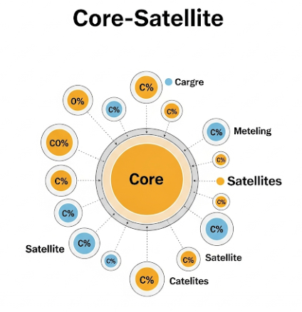 포트폴리오의 핵심을 뜻하는 큰 원과 주변의 작은 원들로 구성된 다이어그램. '코어-위성' 전략을 시각적으로 표현