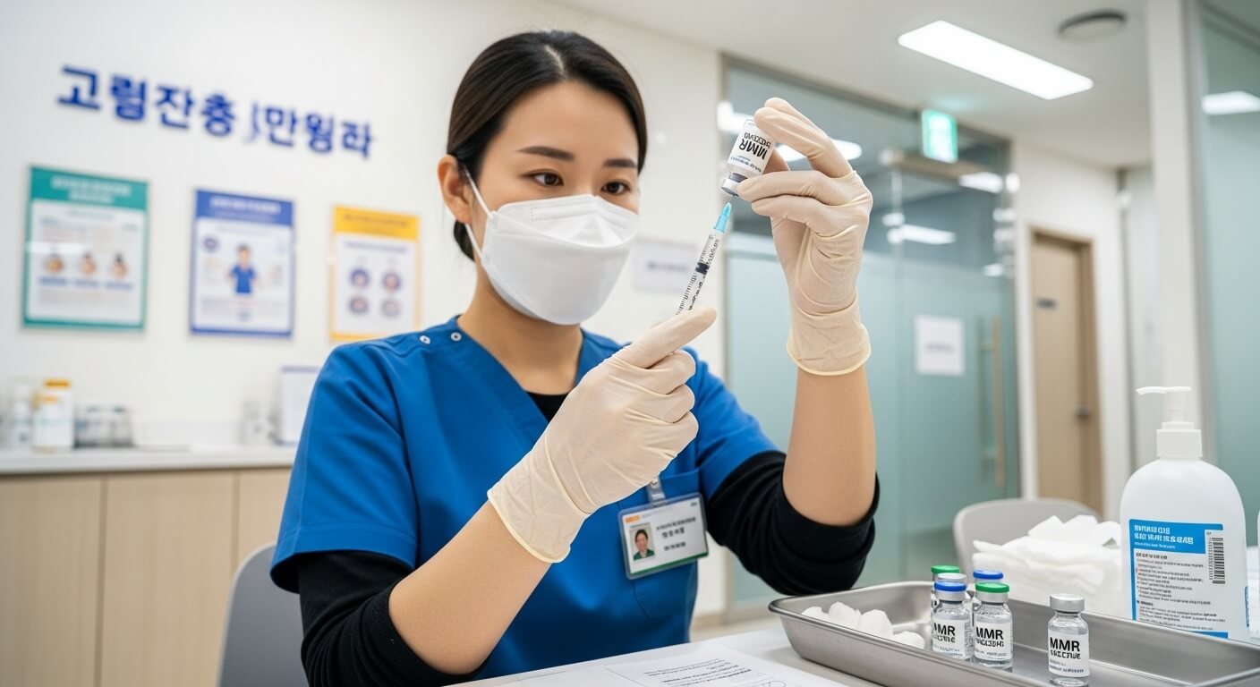 의료진이 백신을 놓기위해 주사기에 채우는 모습