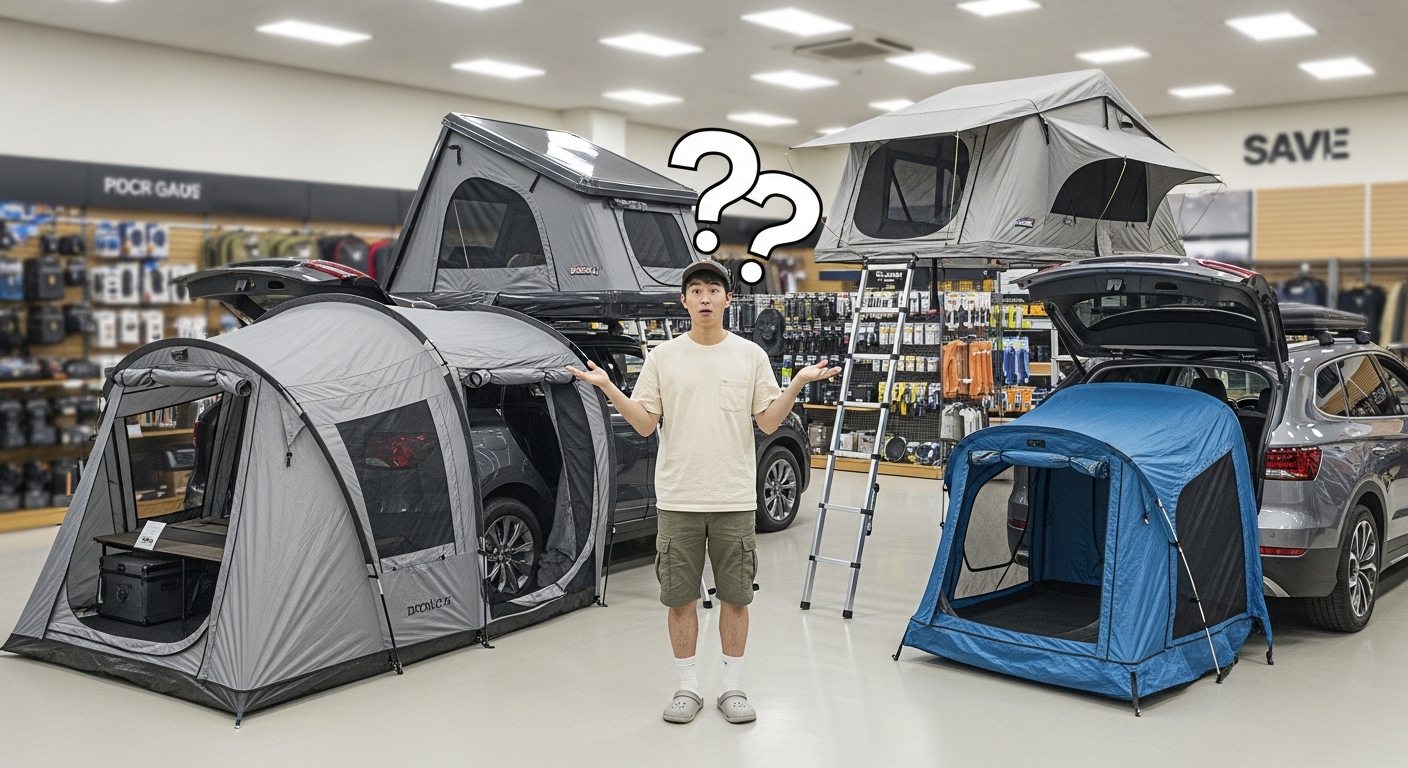 수많은 종류의 차박 텐트 앞에서 고민하는 사람