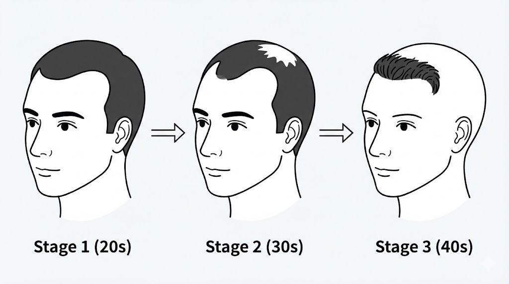 20대 모발이식 후 나이가 들면서 발생할 수 있는 부작용(섬 탈모)을 설명하는 일러스트