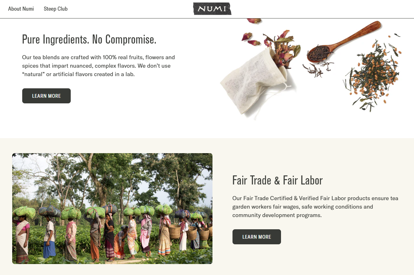 재료와 공정무역을 강조하는 누미의 홈페이지