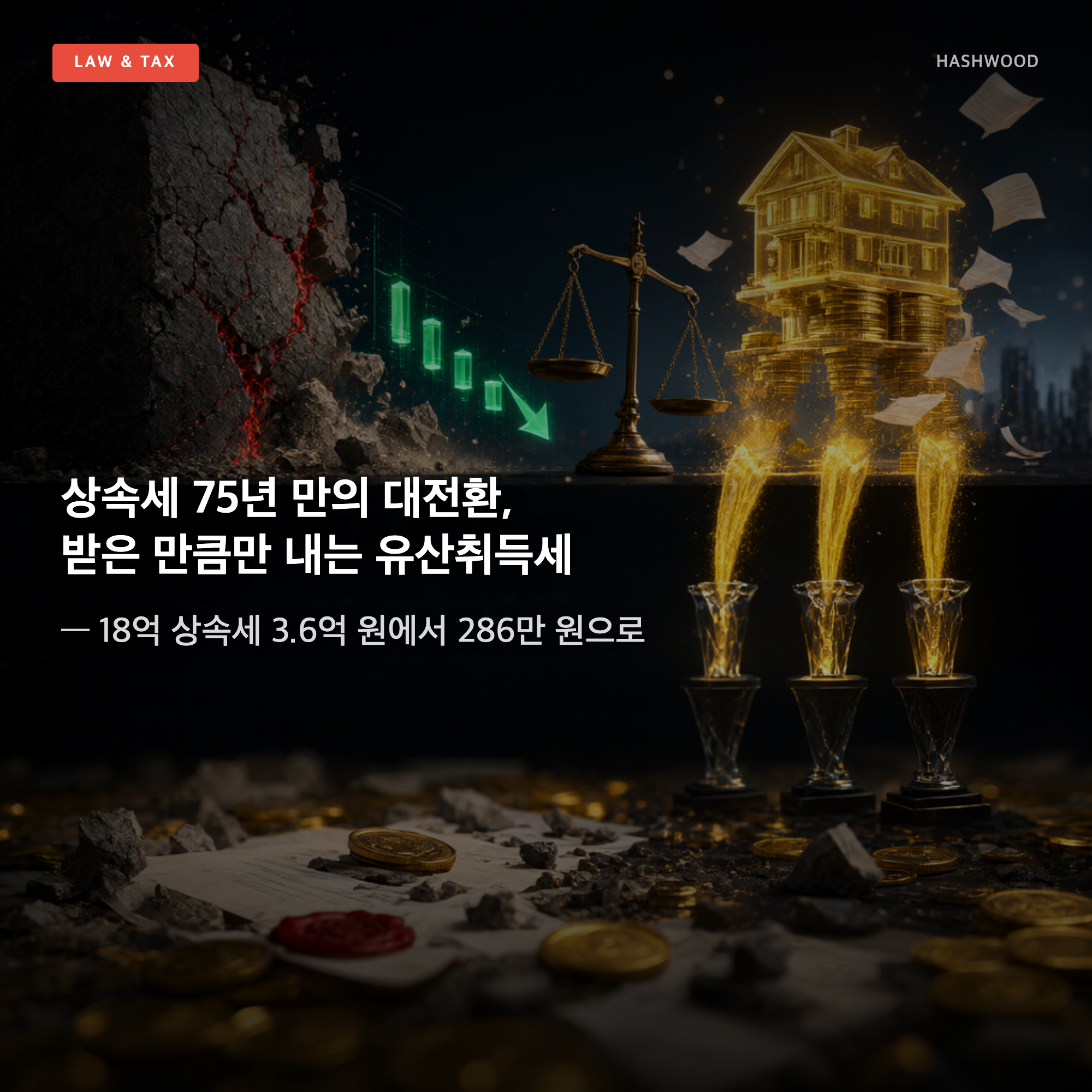 그림: 상속세 75년 만의 대전환, 받은 만큼만 내는 유산취득세 — — 18억 상속세 3.6억 원에서 286만 원으로