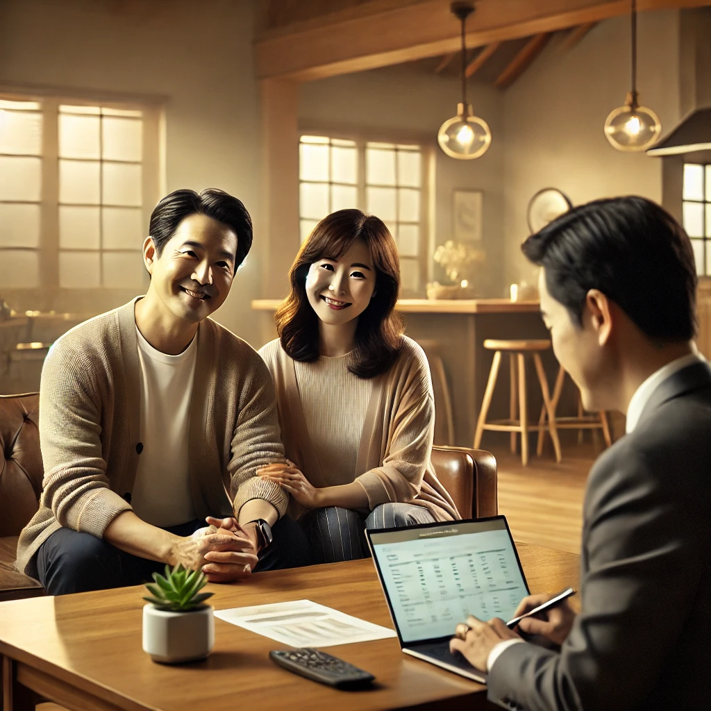 재정 상담을 받는 한국인 중년 부부 