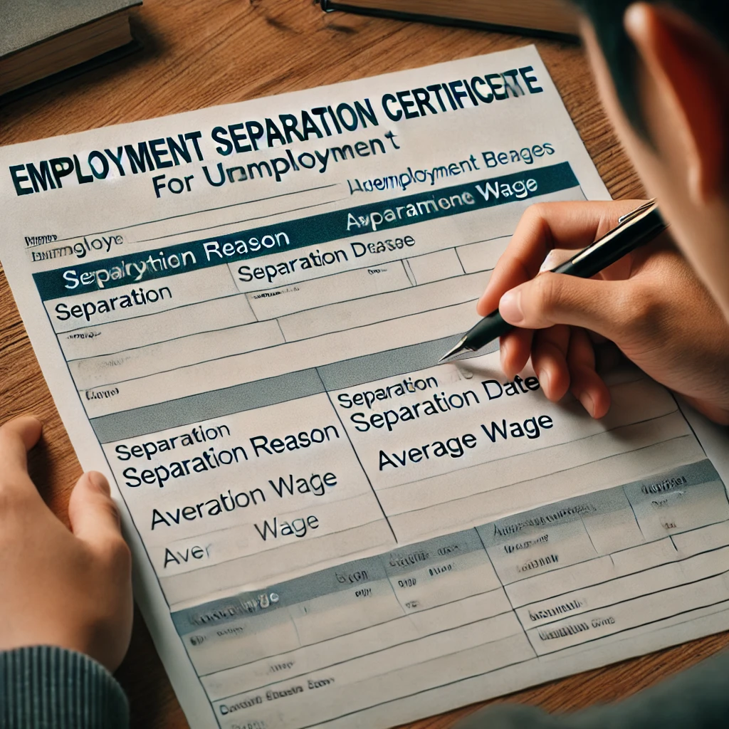 실업급여 신청을 위한 이직확인서 양식 예시 - 이직 사유, 이직일, 평균임금 필드 포함