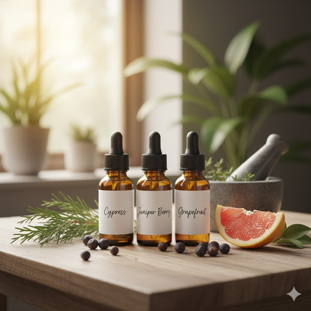 신장 기능을 돕는 사이프러스, 주니퍼베리 에센셜 오일과 자연 유래 성분들이 놓인 깔끔한 아로마테라피 구성 이미지