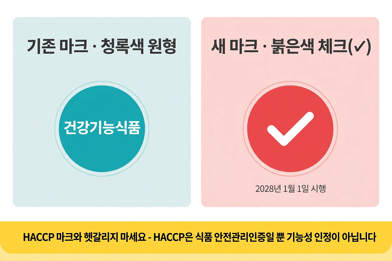 기존 청록색 도안과 새 붉은색 건강기능식품 도안 비교