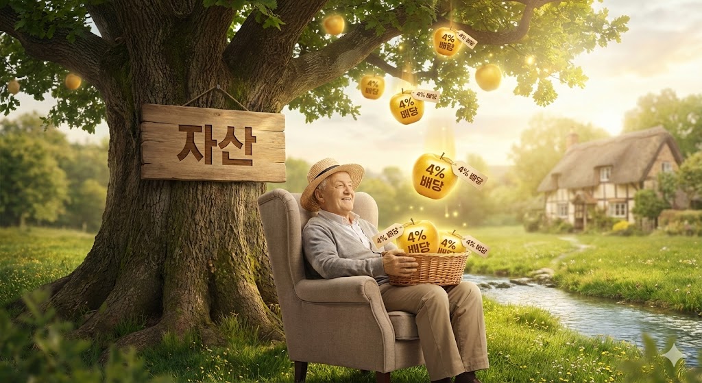 은퇴자가 '4% 배당 나무' 아래서 매달 떨어지는 황금 열매(현금)를 받는 평화로운 모습