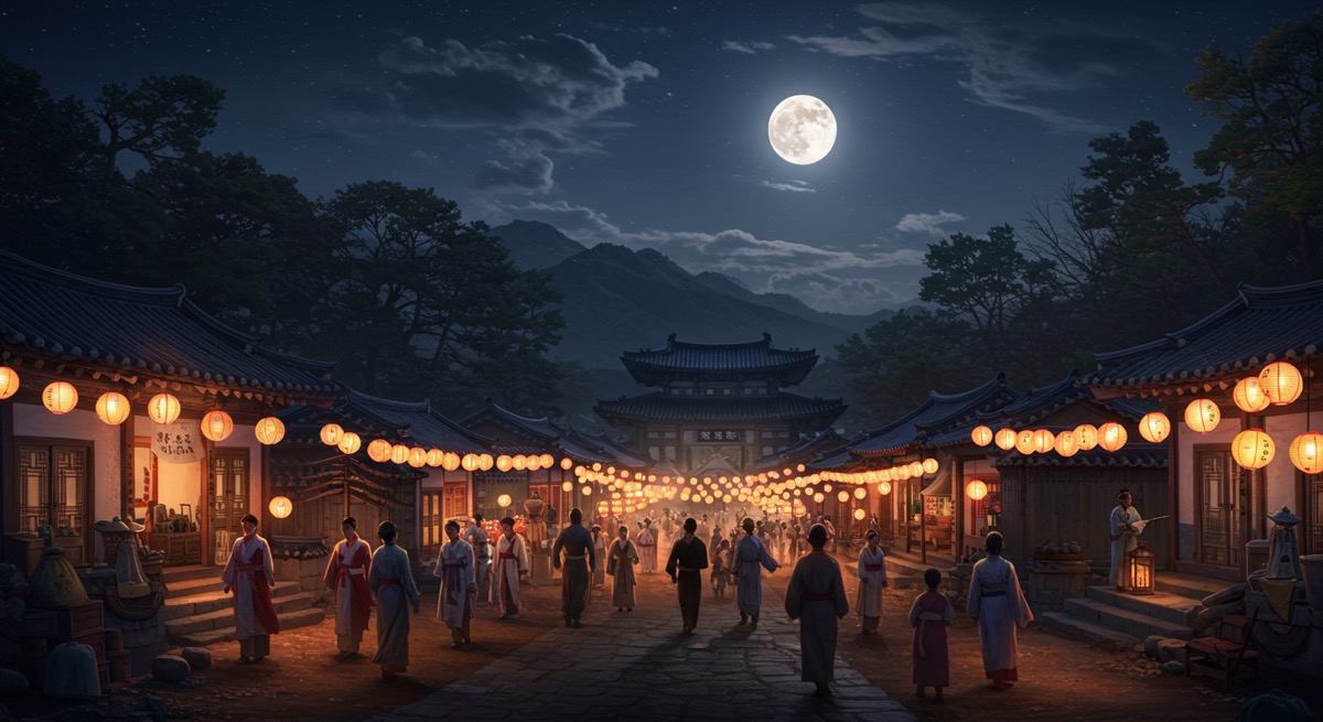 청사초롱이 밝게 빛나는 한국민속촌 야간개장의 고즈넉한 풍경