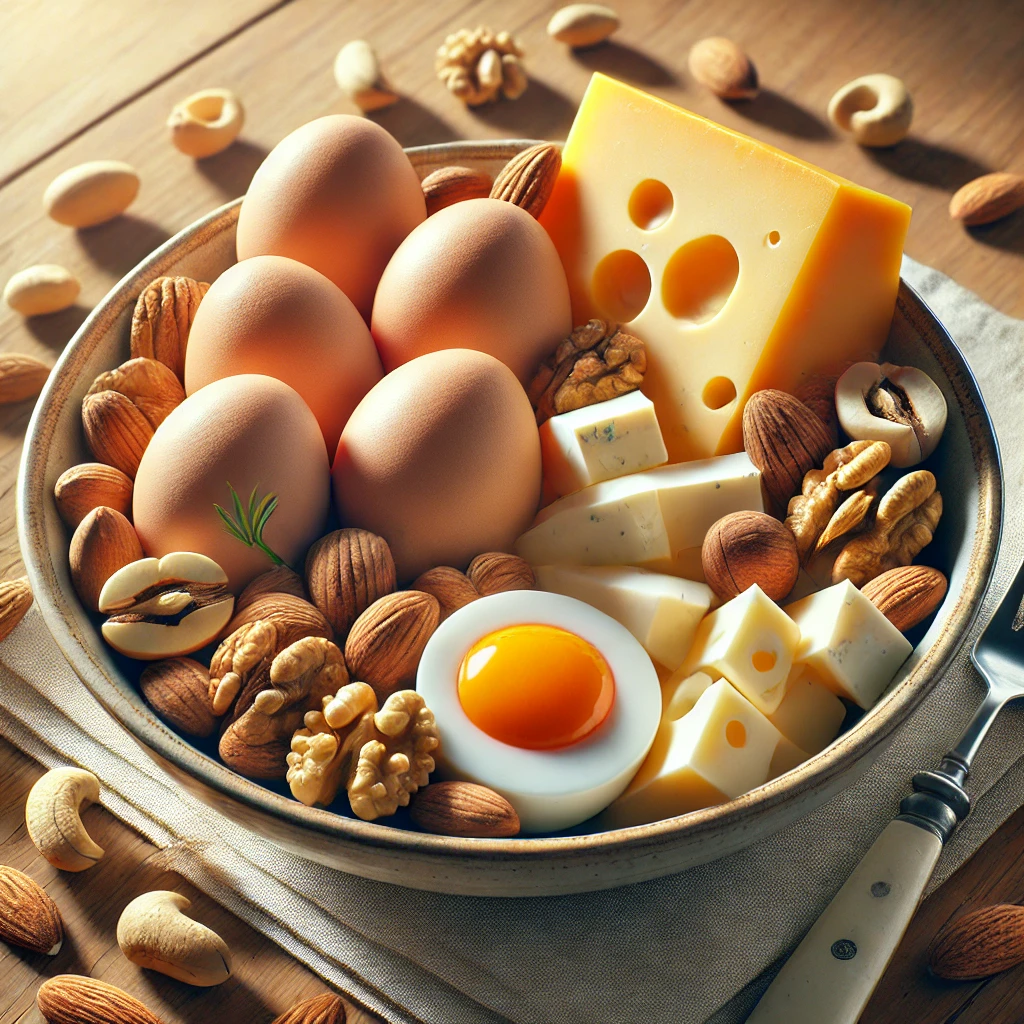 삶은계란, 치즈, 무염견과류를 담은 간식 접시