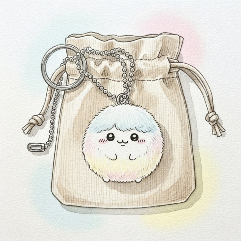 폭신한 키링이 달린 부드러운 소재의 파우치