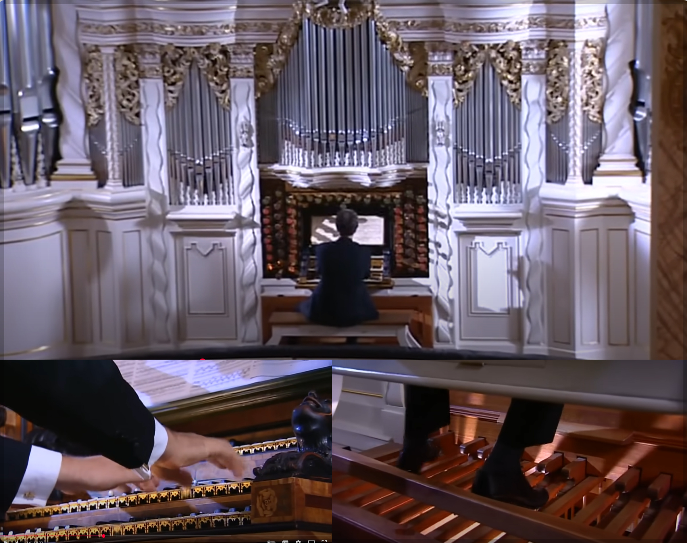 독일 발터스하우젠 시교회의 트로스트 오르간을 연주하는 모습. 오르간 전체의 모습과 건반 연주와 페달 밟는 모습을 클로즈업하여 미리 보기함. (유튜브 연주 영상에서 캡처)