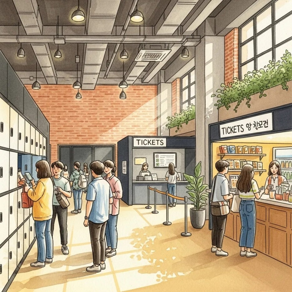 공연장 내부 로비에서 사람들이 소통하는 모습