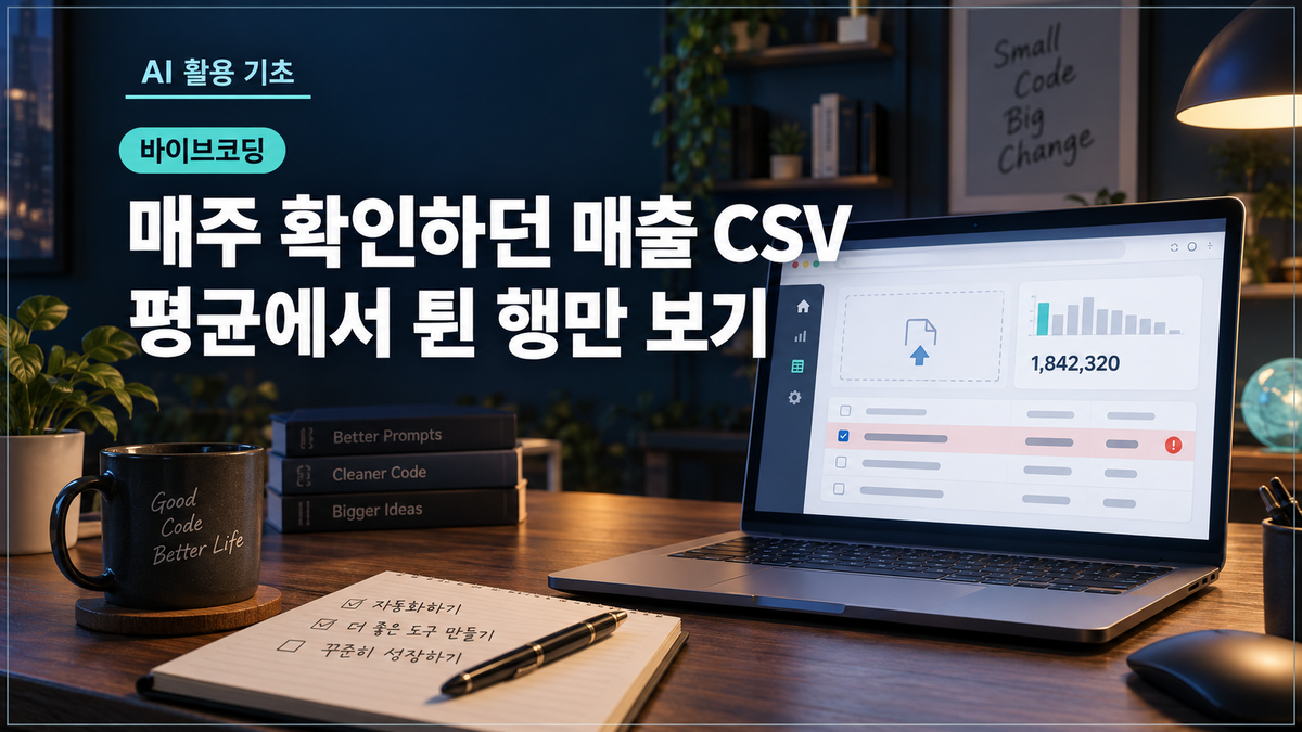 노트북 화면에서 매출 CSV의 평균과 확인 후보 행을 살펴보는 바이브코딩 대표 이미지