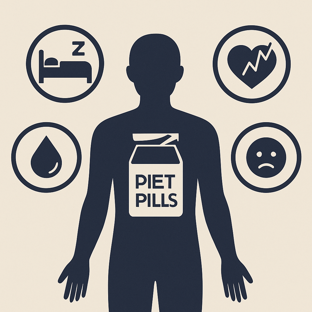 사람 실루엣 위에 심장, 위장, 뇌, 피부 부위를 원형 아이콘으로 강조한 디지털 일러스트. 불면증, 심장 두근거림, 구토, 탈수, 우울감 등 불법 다이어트약의 주요 부작용을 시각적으로 표현함. 따뜻한 베이지 배경 위에 선명한 컬러로 구성됨.