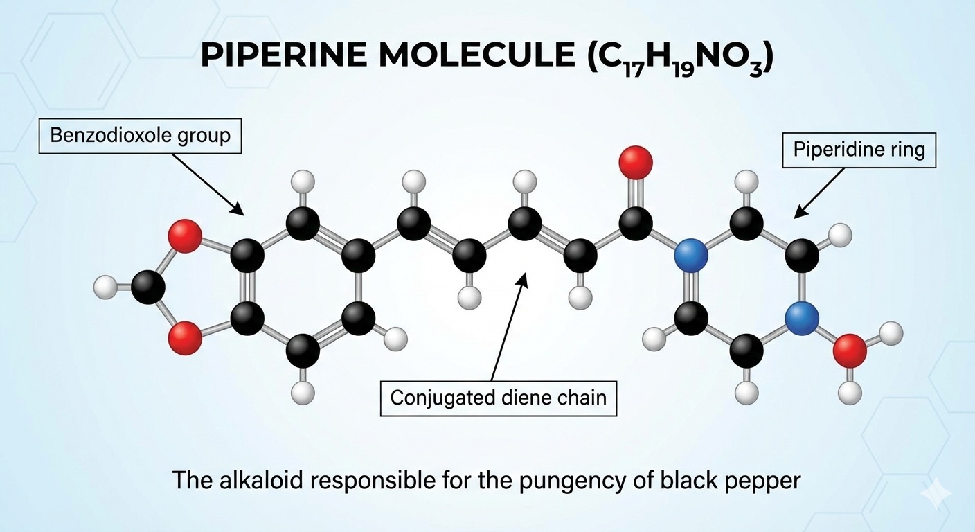 Scientific infographic showing the 3D ball-and-stick molecular structure of Piperine, the active alkaloid in black pepper, alongside its chemical formula C_17H_19NO_3