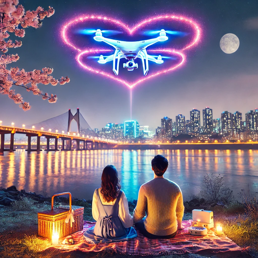 드론이 하트와 별,한강 밤하늘 배경으로 한 감성적인 커플