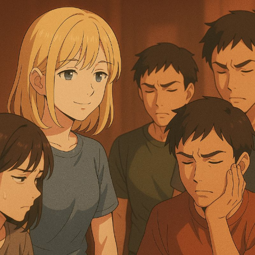 서로 의심하는 사람들 사이에서 웃고 있는 여자