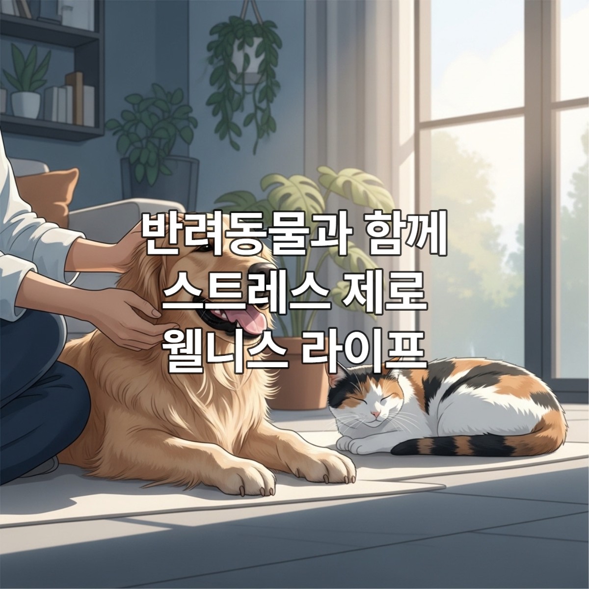 따뜻한 햇살 아래 반려견과 반려묘가 편안하게 쉬고 있는 모습. 반려동물과 함께하는 평화로운 웰니스 라이프를 상징합니다.