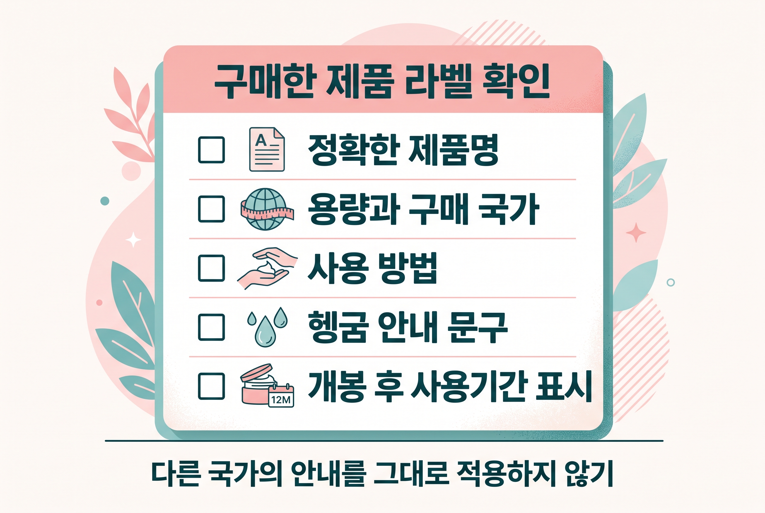 제품명&middot;용량&middot;구매 국가&middot;사용법&middot;헹굼&middot;기간 표시를 확인하는 라벨 대조 카드. 12M은 표시 예시임