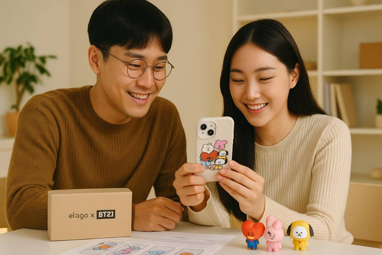 엘라고와 BT21이 협업해 아이폰 케이스를 디자인하는 장면