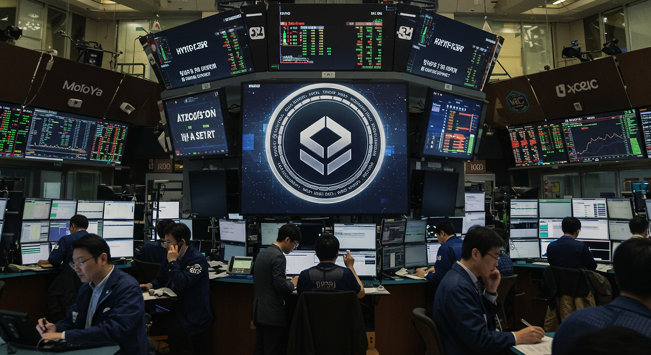 한국 증권 거래소의 분주한 트레이딩 현장에서 화면에 크게 보이는 HYPER 코인 로고