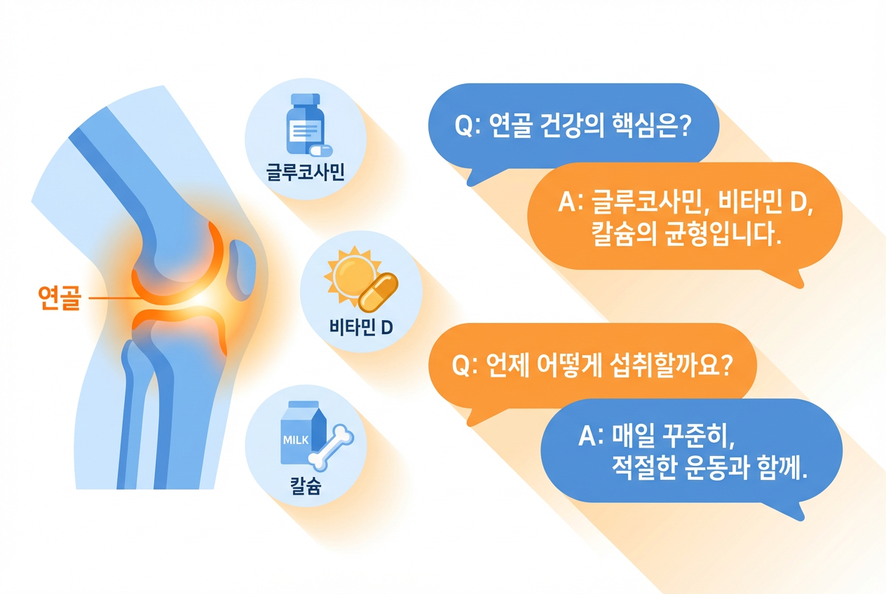 무릎 연골 부위를 강조한 그림 옆으로 글루코사민&middot;비타민D&middot;칼슘 아이콘과 Q&amp;A 말풍선이 배치되어 관절&middot;연골과 뼈 건강을 균형 있게 관리하는 방법을 설명하는 인포그래픽 이미지