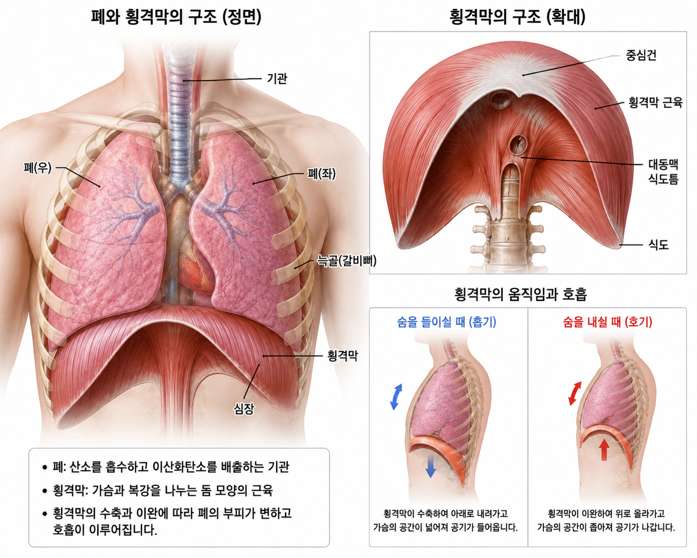 횡격막의 움직임과 흉곽의 수축·팽창 원리를 설명한 이미지