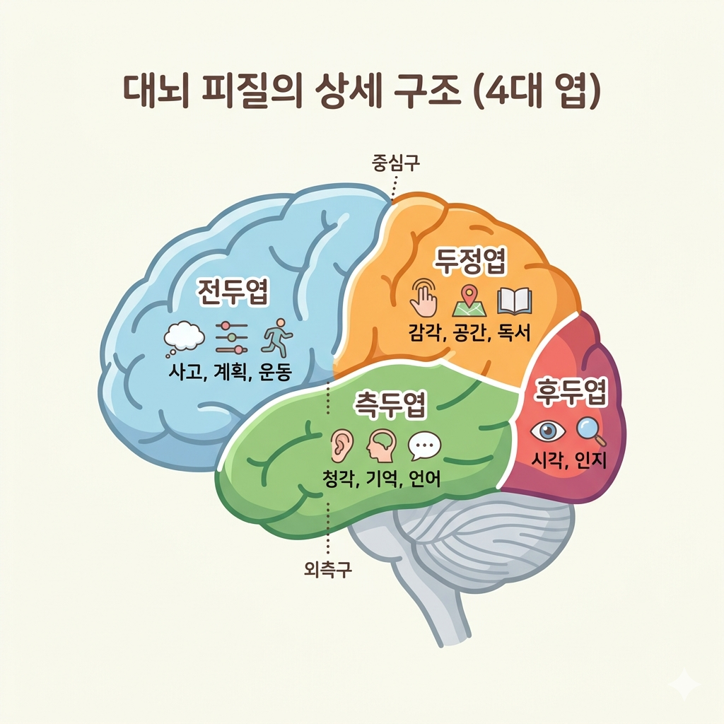전두엽, 두정엽, 후두엽, 측두엽 대뇌피질의 상세구조를 표현한 일러스트