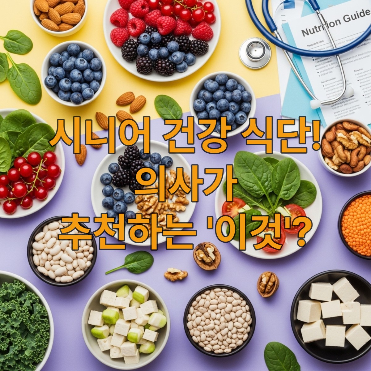 의사가 추천하는 활력과 건강 증진을 위한 시니어 식단 이미지. 블루베리, 시금치, 견과류, 두부, 콩류 등 다채로운 건강 식재료들이 조화롭게 놓여있습니다.