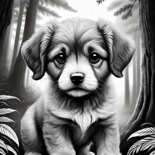숲 속 강아지 흑백 스케치