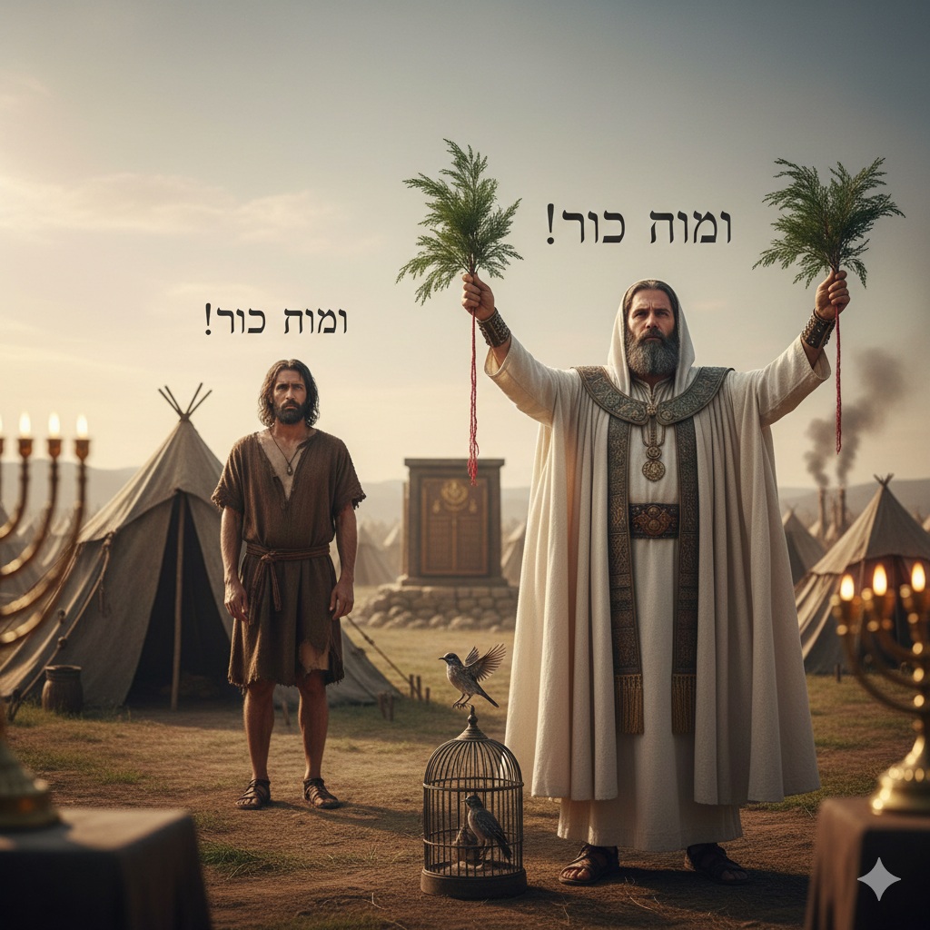 Illustrative scene of ancient Israelite priests and isolation tents for sanitary purification as described in the Torah.