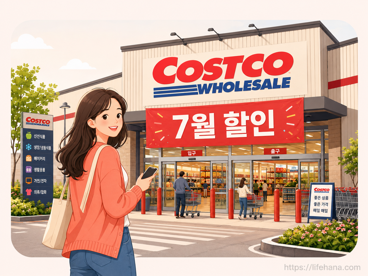 코스트코 매장 전경과 7월 둘째주 할인 품목 안내 배너