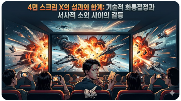 4면으로 확장된 스크린이 상영관 전체를 감싸며 화려한 폭발 장면을 보여주지만, 정작 관객은 스크린 사이에서 고뇌하거나 스마트폰만 응시하는 모습입니다. 압도적인 영상 기술이 서사적 몰입을 방해하는 역설적인 상황을 시각적으로 비판했습니다.