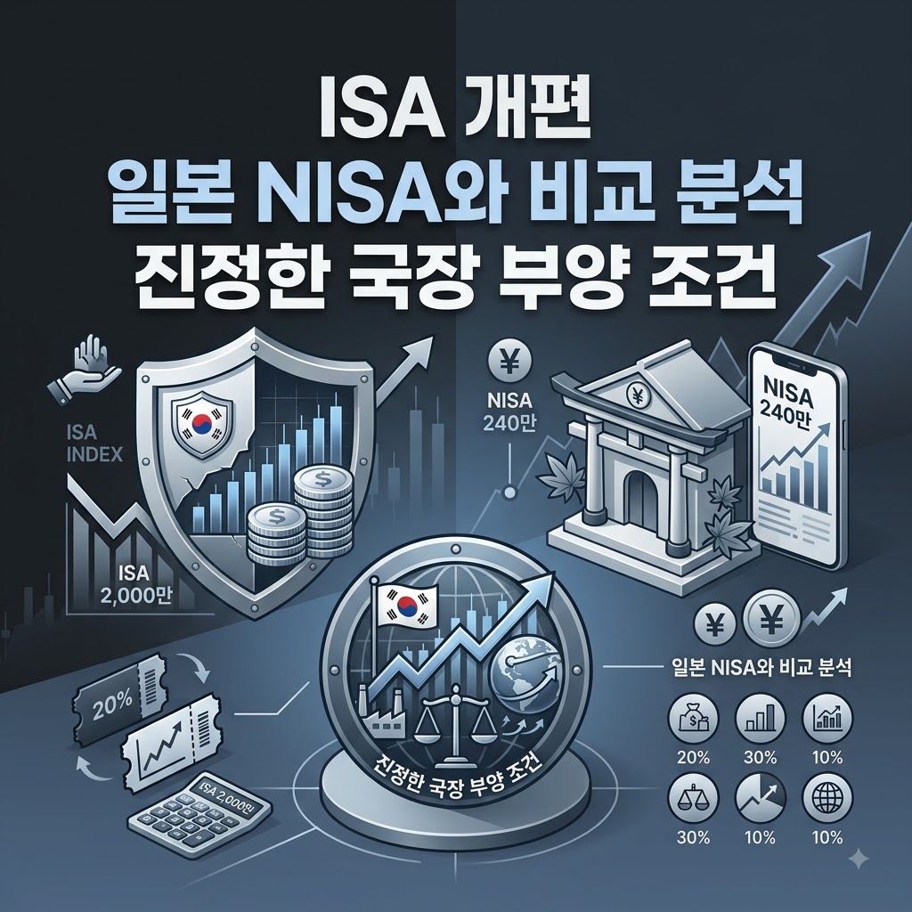 "일본 NISA와의 비교 분석을 통해 진정한 국장 부양 조건을 제시하는 ISA 개편안 안내 인포그래픽"