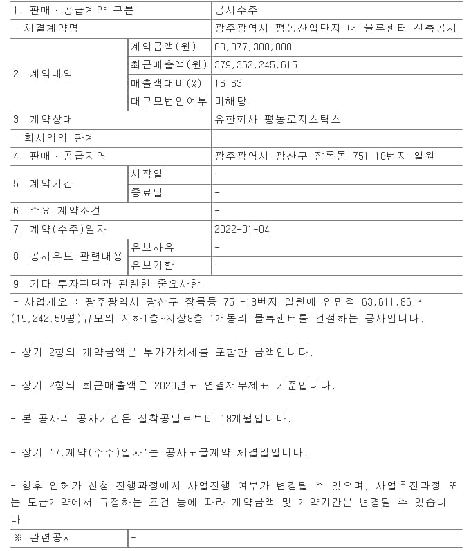 삼부토건, 광주 평동산업단지 내 물류센터 신축공사