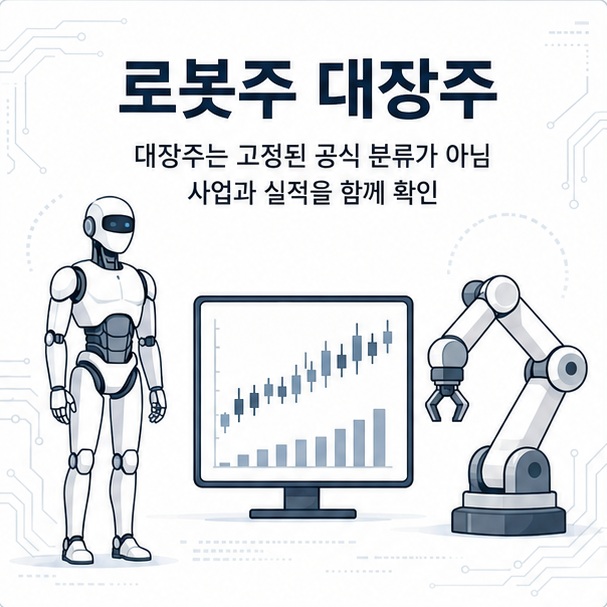 휴머노이드와 협동로봇, 주식 차트를 함께 표현해 로봇주 대장주는 공식적으로 고정된 종목이 아니라 시장 상황과 사업 성과에 따라 달라짐을 보여 주는 그림