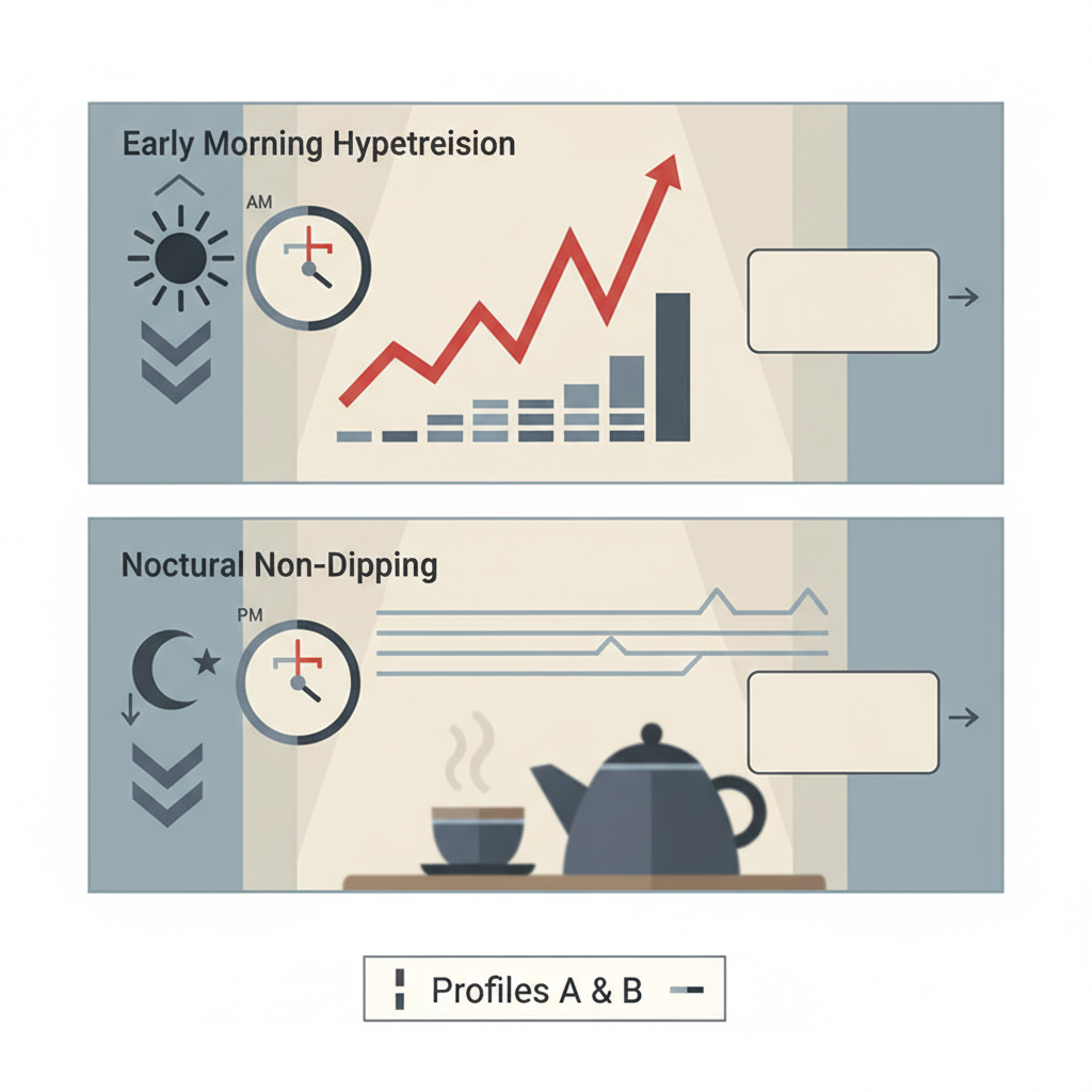 朝晩測定が識別する2つの血圧プロファイル:早朝高血圧と夜間降圧不全