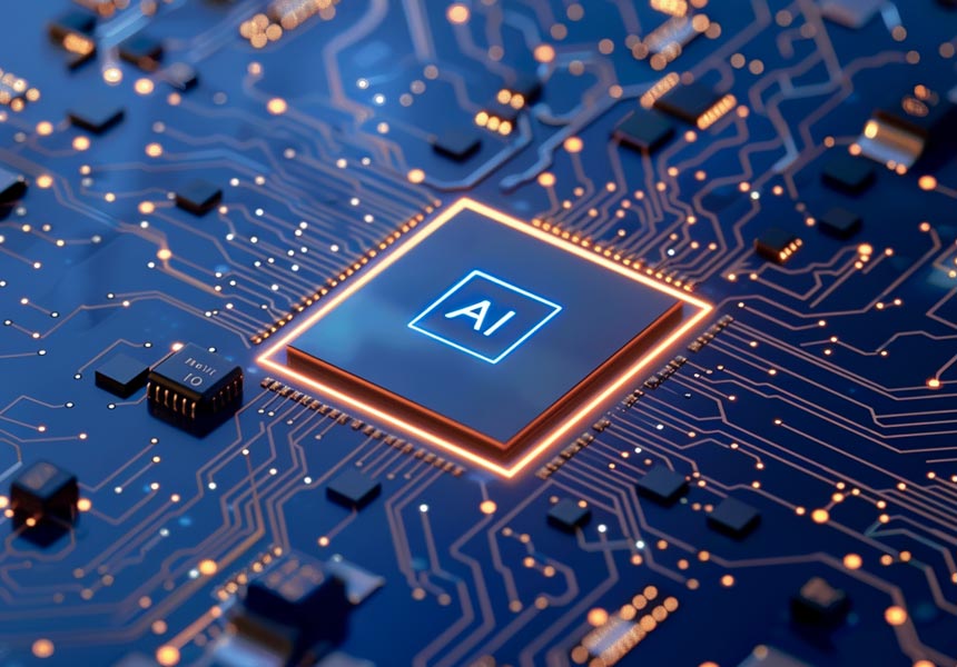 AI 반도체 칩과 전자회로가 빛나는 이미지, 인공지능 기술 상징