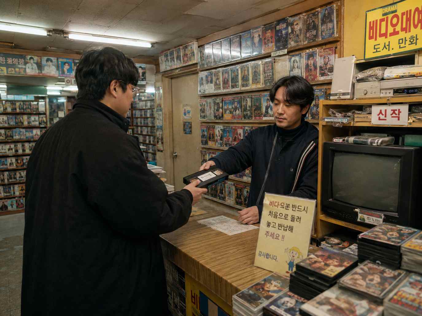 VHS 비디오가 가득 진열된 옛 비디오 대여점에서 손님이 점원에게 테이프를 반납하는 모습