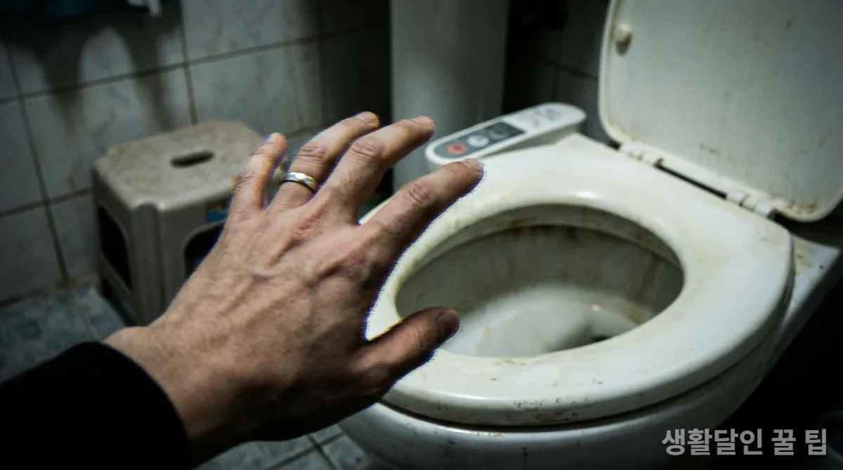 장갑 없이 더러운 변기 시트를 만지려는 손