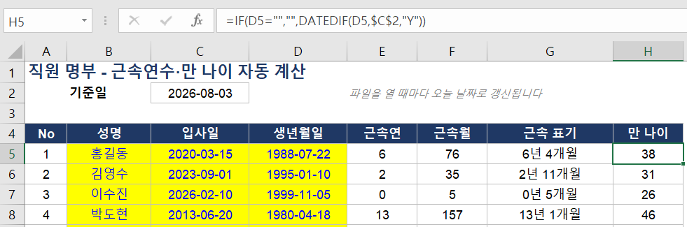 엑셀 DATEDIF 함수의 여섯 가지 단위 코드와 결과 비교표