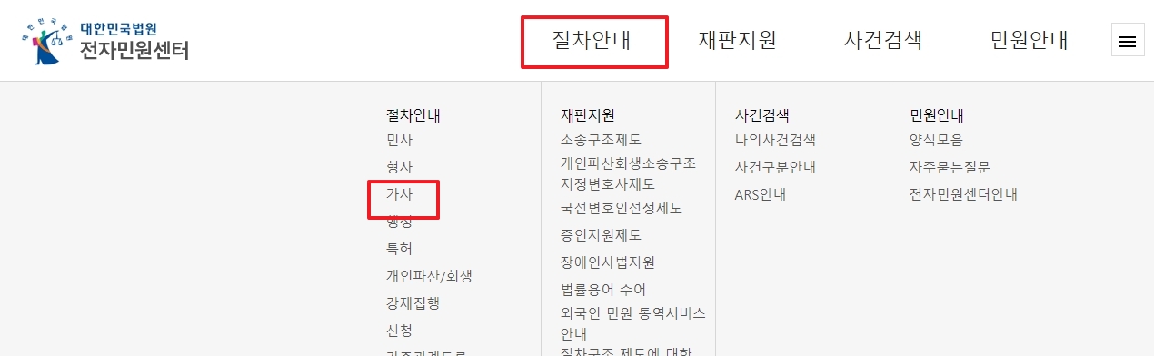 전자민원센터 상단 메뉴에서 절차안내, 가사를 순서대로 선택하는 모습