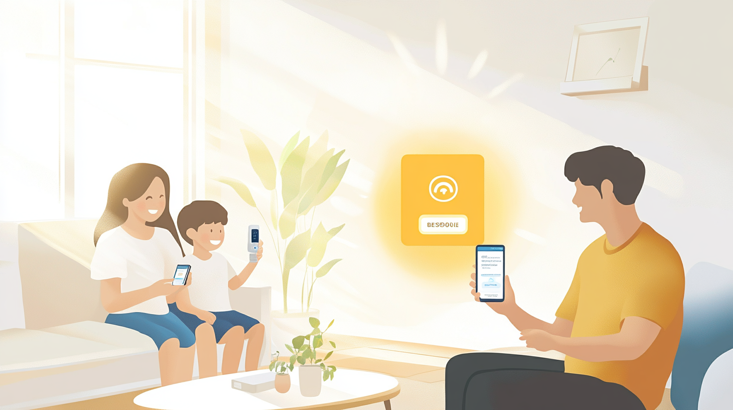 거실에서 SmartThings 앱으로 삼성 BESPOKE AI 콤보를 제어하는 가족의 일상적인 모습.