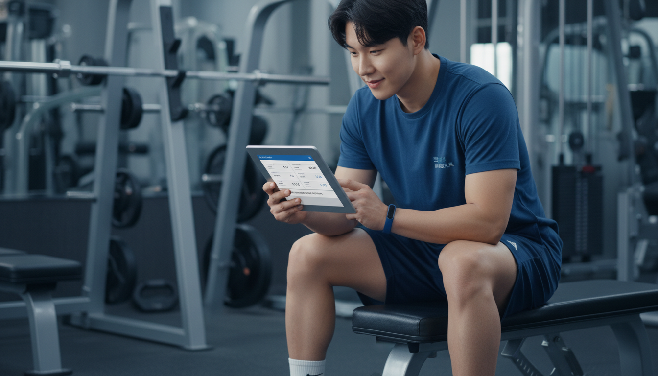 청년이 체육관에서 PT 효과를 높이기 위해 운동 일지와 식단을 기록하며 건강 관리에 집중하는 모습.