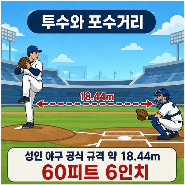 야구 마운드의 투수와 홈플레이트 뒤 포수를 연결해 성인 야구의 공식 투구거리가 약 18.44m임을 보여 주는 그림
