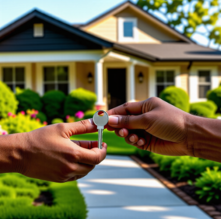 주택을 배경으로 열쇠를 주고 받는 손
